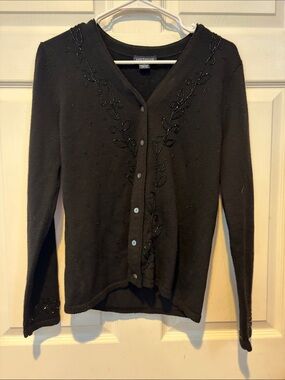 Ann Taylor Black Beaded V-Neck Cardigan